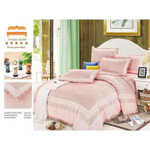 Lenjerie de pat 4 piese dublu Deluxe din Bumbac Soft Touch cu Volanase, VOL10