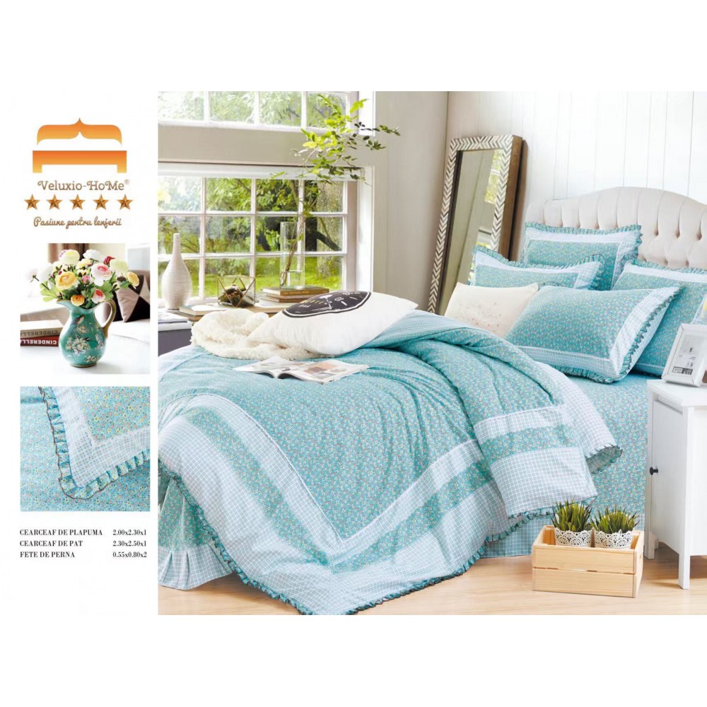 Lenjerie de pat 4 piese dublu Deluxe din Bumbac Soft Touch cu Volanase, VOL11 LENJERII DIN FINET 4 PIESE CU VOLANE