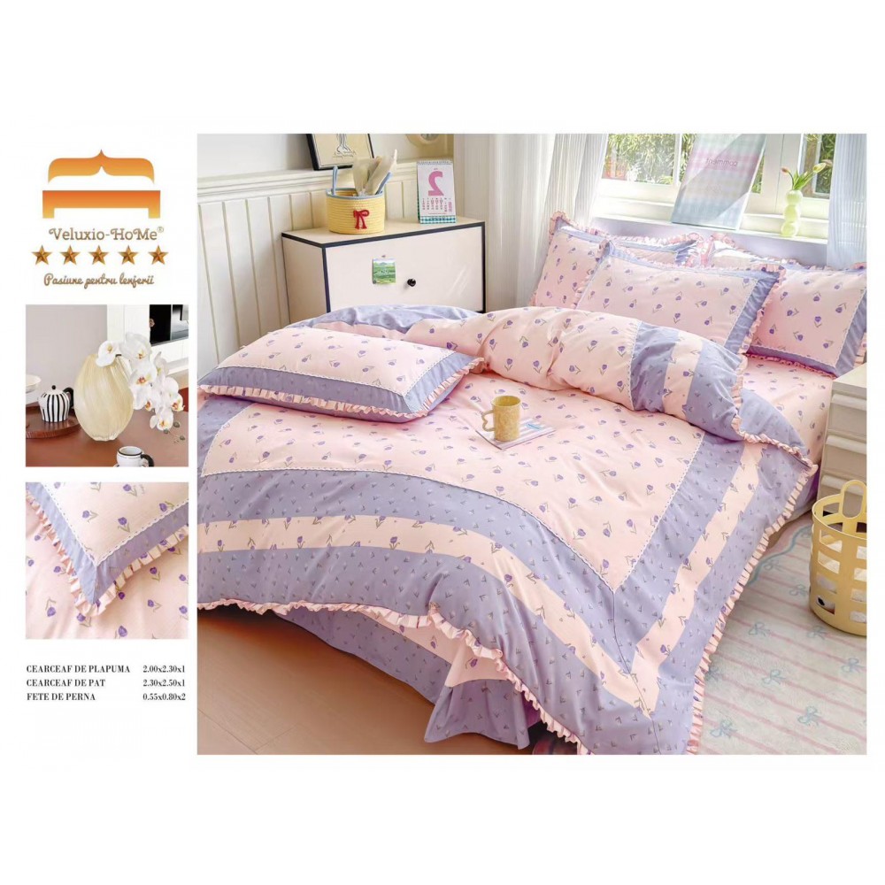 Lenjerie de pat 4 piese dublu Deluxe din Bumbac Soft Touch cu Volanase, VOL12 LENJERII DIN FINET 4 PIESE CU VOLANE