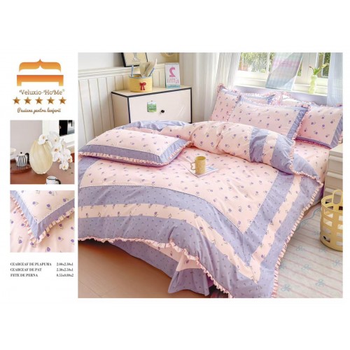 Lenjerie de pat 4 piese dublu Deluxe din Bumbac Soft Touch cu Volanase, VOL12