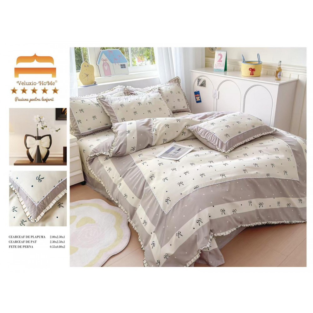 Lenjerie de pat 4 piese dublu Deluxe din Bumbac Soft Touch cu Volanase, VOL13 LENJERII DIN FINET 4 PIESE CU VOLANE