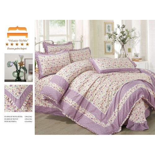 Lenjerie de pat 4 piese dublu Deluxe din Bumbac Soft Touch cu Volanase, VOL14