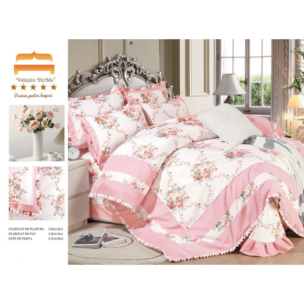 Lenjerie de pat 4 piese dublu Deluxe din Bumbac Soft Touch cu Volanase, VOL16 LENJERII DIN FINET 4 PIESE CU VOLANE