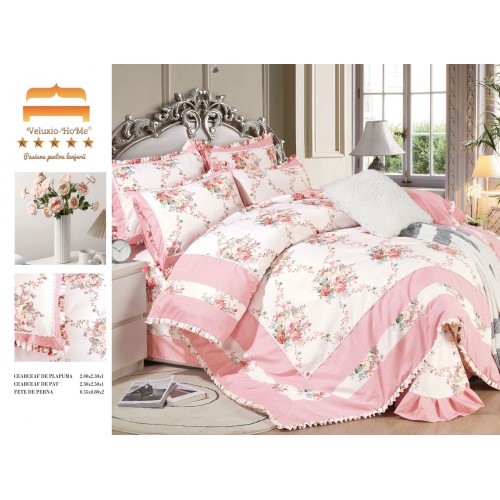 Lenjerie de pat 4 piese dublu Deluxe din Bumbac Soft Touch cu Volanase, VOL16