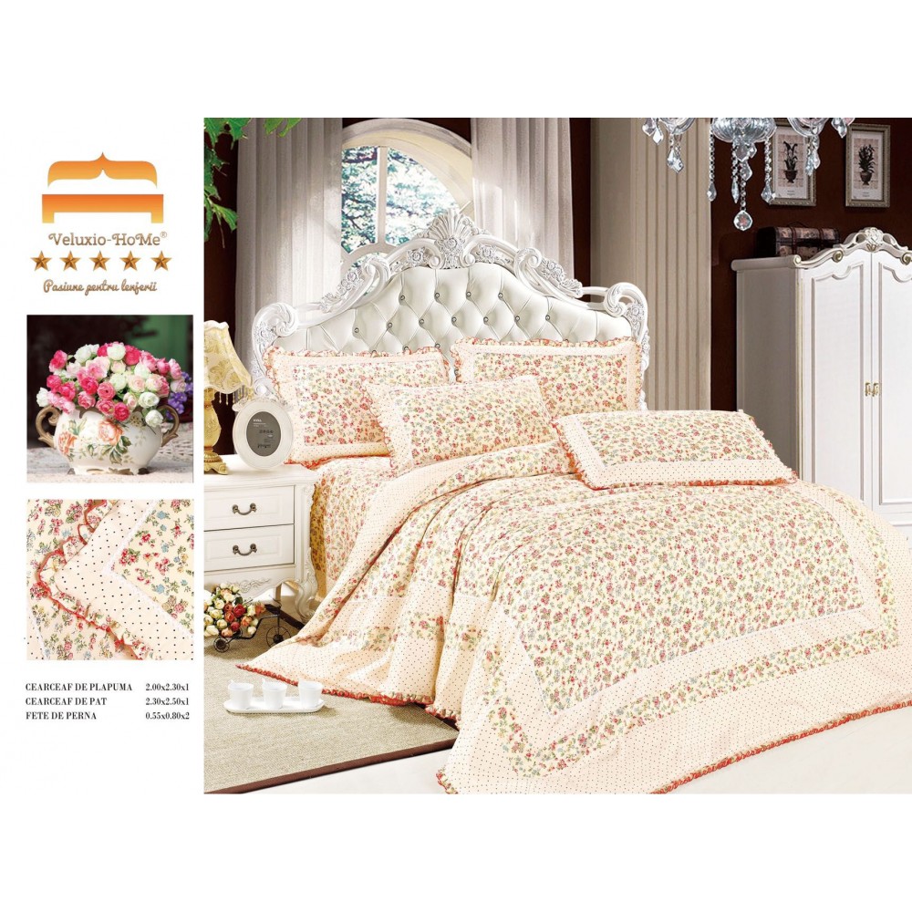 Lenjerie de pat 4 piese dublu Deluxe din Bumbac Soft Touch cu Volanase, VOL17 LENJERII DIN FINET 4 PIESE CU VOLANE
