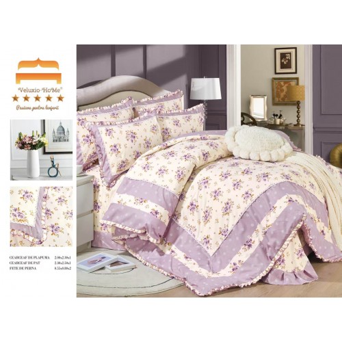 Lenjerie de pat 4 piese dublu Deluxe din Bumbac Soft Touch cu Volanase, VOL18