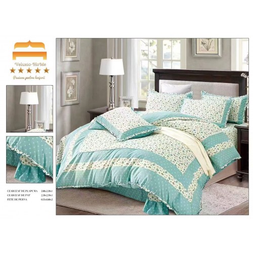 Lenjerie de pat 4 piese dublu Deluxe din Bumbac Soft Touch cu Volanase, VOL20