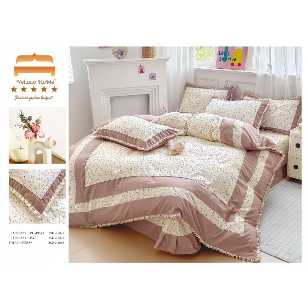 Lenjerie de pat 4 piese dublu Deluxe din Bumbac Soft Touch cu Volanase, VOL21 LENJERII DIN FINET 4 PIESE CU VOLANE