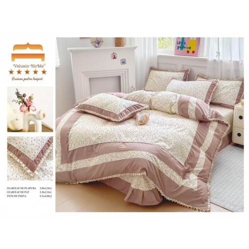 Lenjerie de pat 4 piese dublu Deluxe din Bumbac Soft Touch cu Volanase, VOL21