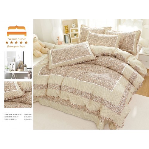Lenjerie de pat 4 piese dublu Deluxe din Bumbac Soft Touch cu Volanase, VOL22