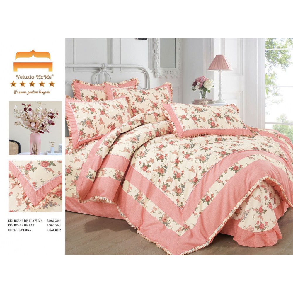 Lenjerie de pat 4 piese dublu Deluxe din Bumbac Soft Touch cu Volanase, VOL23 LENJERII DIN FINET 4 PIESE CU VOLANE