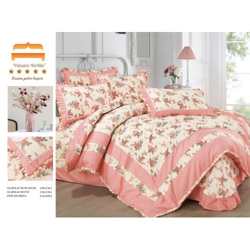 Lenjerie de pat 4 piese dublu Deluxe din Bumbac Soft Touch cu Volanase, VOL23