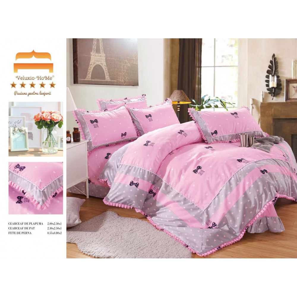 Lenjerie de pat 4 piese dublu Deluxe din Bumbac Soft Touch cu Volanase, VOL24 LENJERII DIN FINET 4 PIESE CU VOLANE