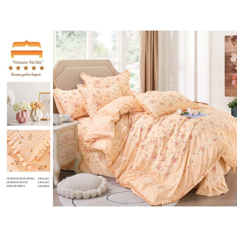 Lenjerie de pat 4 piese dublu Deluxe din Bumbac Soft Touch cu Volanase, VOL25 LENJERII DIN FINET 4 PIESE CU VOLANE