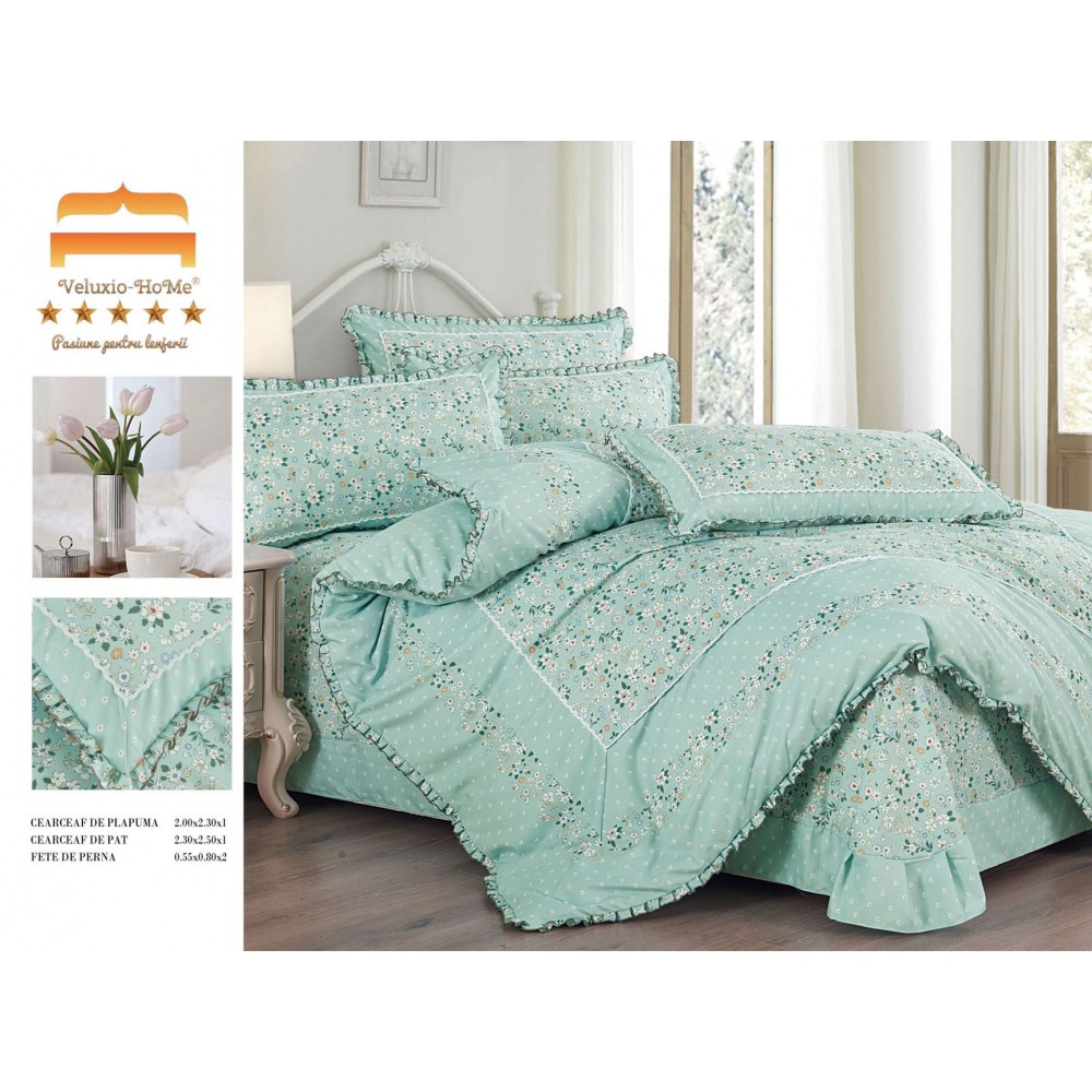 Lenjerie de pat 4 piese dublu Deluxe din Bumbac Soft Touch cu Volanase, VOL26 LENJERII DIN FINET 4 PIESE CU VOLANE