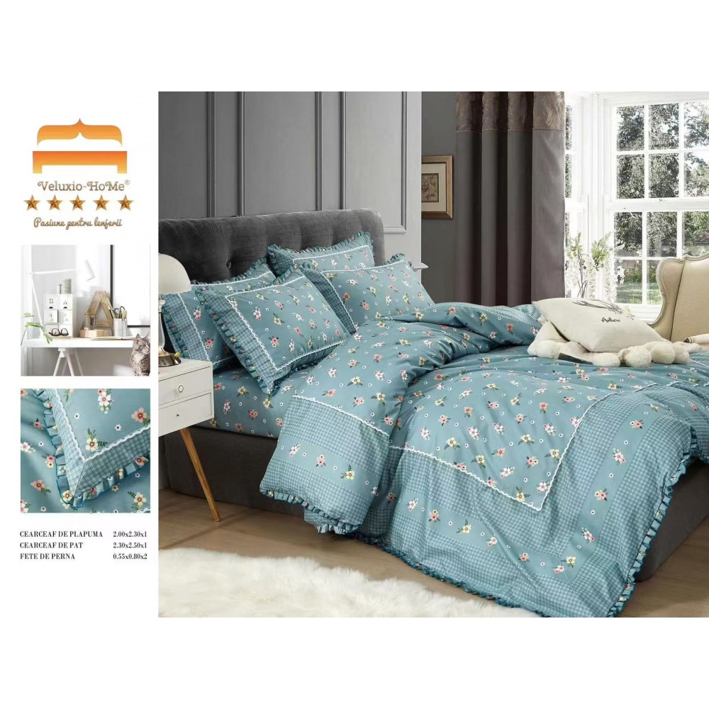 Lenjerie de pat 4 piese dublu Deluxe din Bumbac Soft Touch cu Volanase, VOL27 LENJERII DIN FINET 4 PIESE CU VOLANE