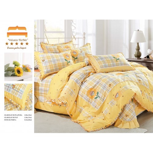 Lenjerie de pat 4 piese dublu Deluxe din Bumbac Soft Touch cu Volanase, VOL29