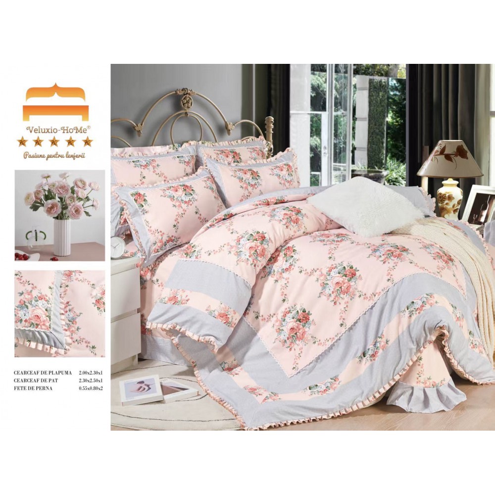 Lenjerie de pat 4 piese dublu Deluxe din Bumbac Soft Touch cu Volanase, VOL30 LENJERII DIN FINET 4 PIESE CU VOLANE