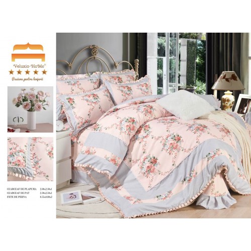 Lenjerie de pat 4 piese dublu Deluxe din Bumbac Soft Touch cu Volanase, VOL30