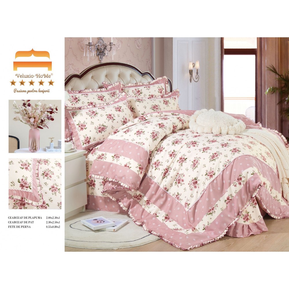 Lenjerie de pat 4 piese dublu Deluxe din Bumbac Soft Touch cu Volanase, VOL31 LENJERII DIN FINET 4 PIESE CU VOLANE