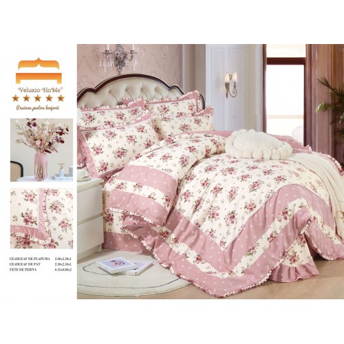 Lenjerie de pat 4 piese dublu Deluxe din Bumbac Soft Touch cu Volanase, VOL31