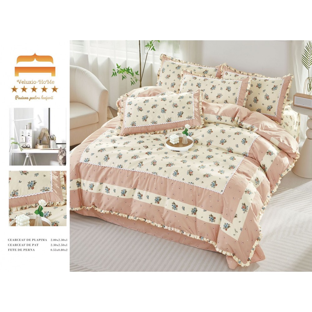 Lenjerie de pat 4 piese dublu Deluxe din Bumbac Soft Touch cu Volanase, VOL32 LENJERII DIN FINET 4 PIESE CU VOLANE