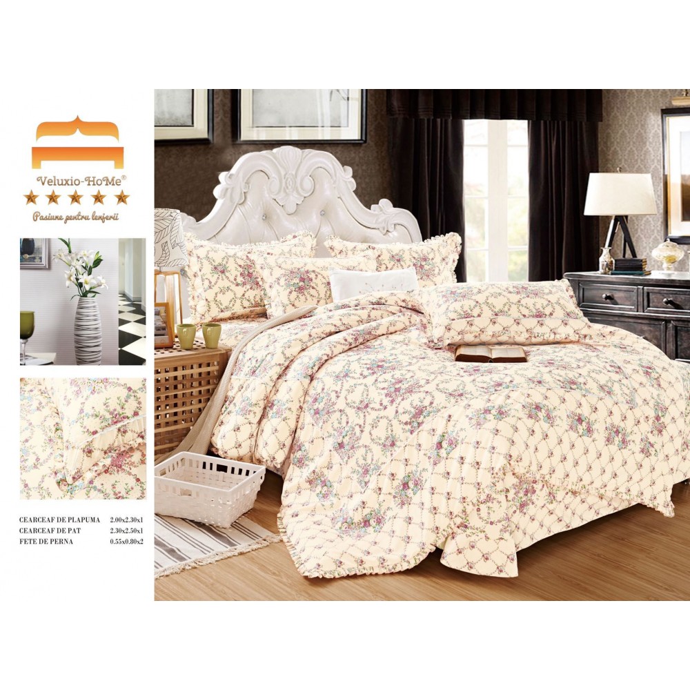 Lenjerie de pat 4 piese dublu Deluxe din Bumbac Soft Touch cu Volanase, VOL33 LENJERII DIN FINET 4 PIESE CU VOLANE
