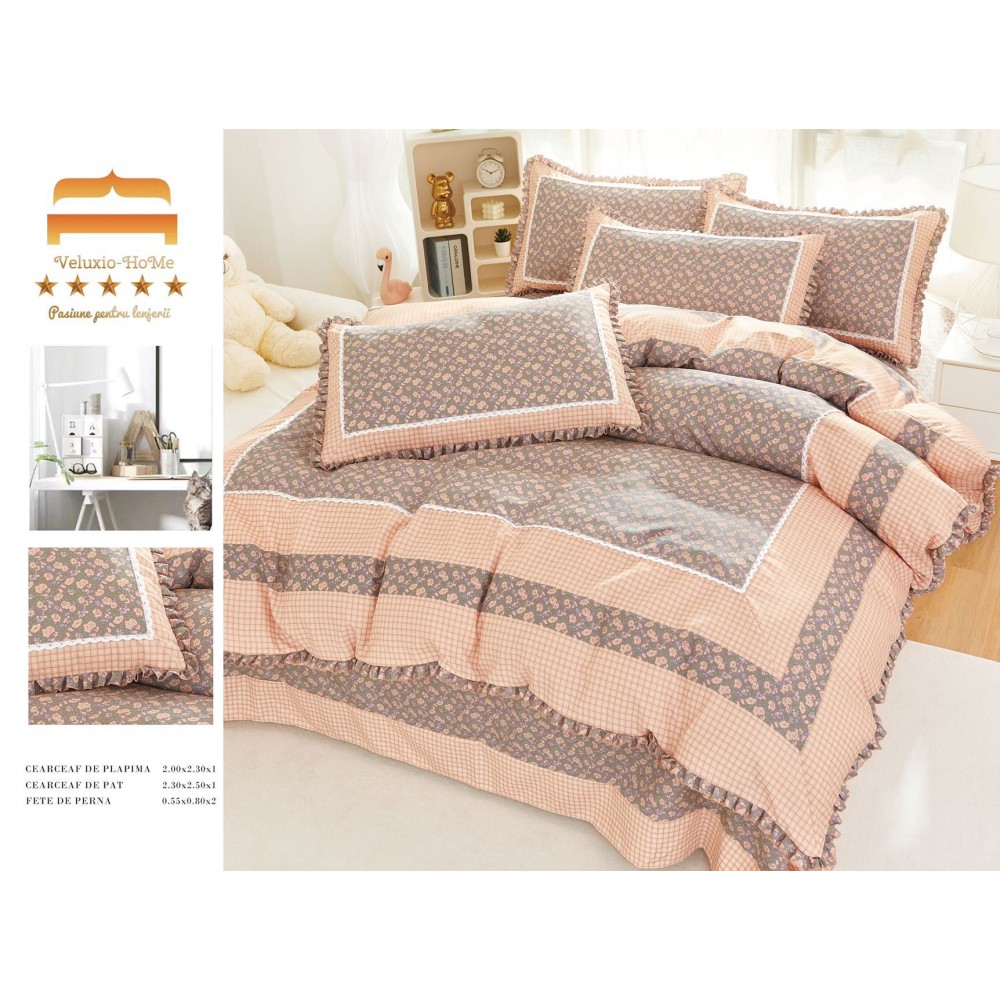 Lenjerie de pat 4 piese dublu Deluxe din Bumbac Soft Touch cu Volanase, VOL34 LENJERII DIN FINET 4 PIESE CU VOLANE