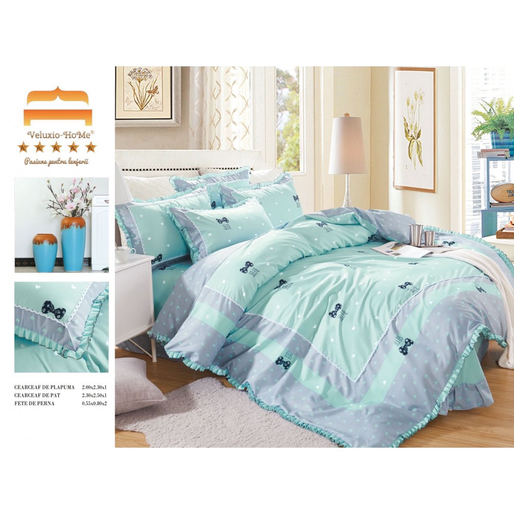 Lenjerie de pat 4 piese dublu Deluxe din Bumbac Soft Touch cu Volanase, VOL35 LENJERII DIN FINET 4 PIESE CU VOLANE