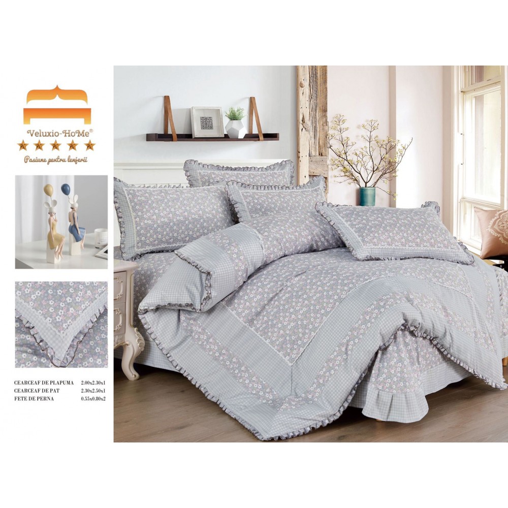 Lenjerie de pat 4 piese dublu Deluxe din Bumbac Soft Touch cu Volanase, VOL36 LENJERII DIN FINET 4 PIESE CU VOLANE