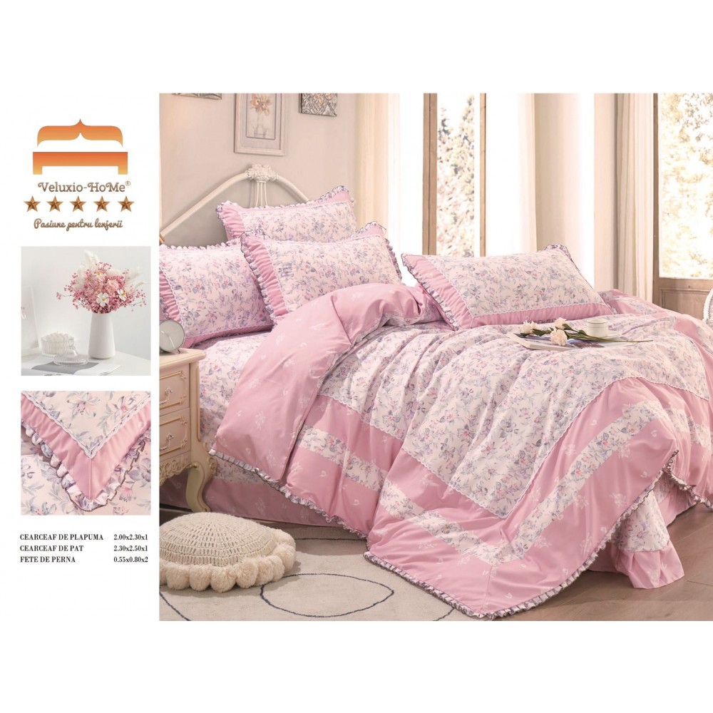 Lenjerie de pat 4 piese dublu Deluxe din Bumbac Soft Touch cu Volanase, VOL37 LENJERII DIN FINET 4 PIESE CU VOLANE