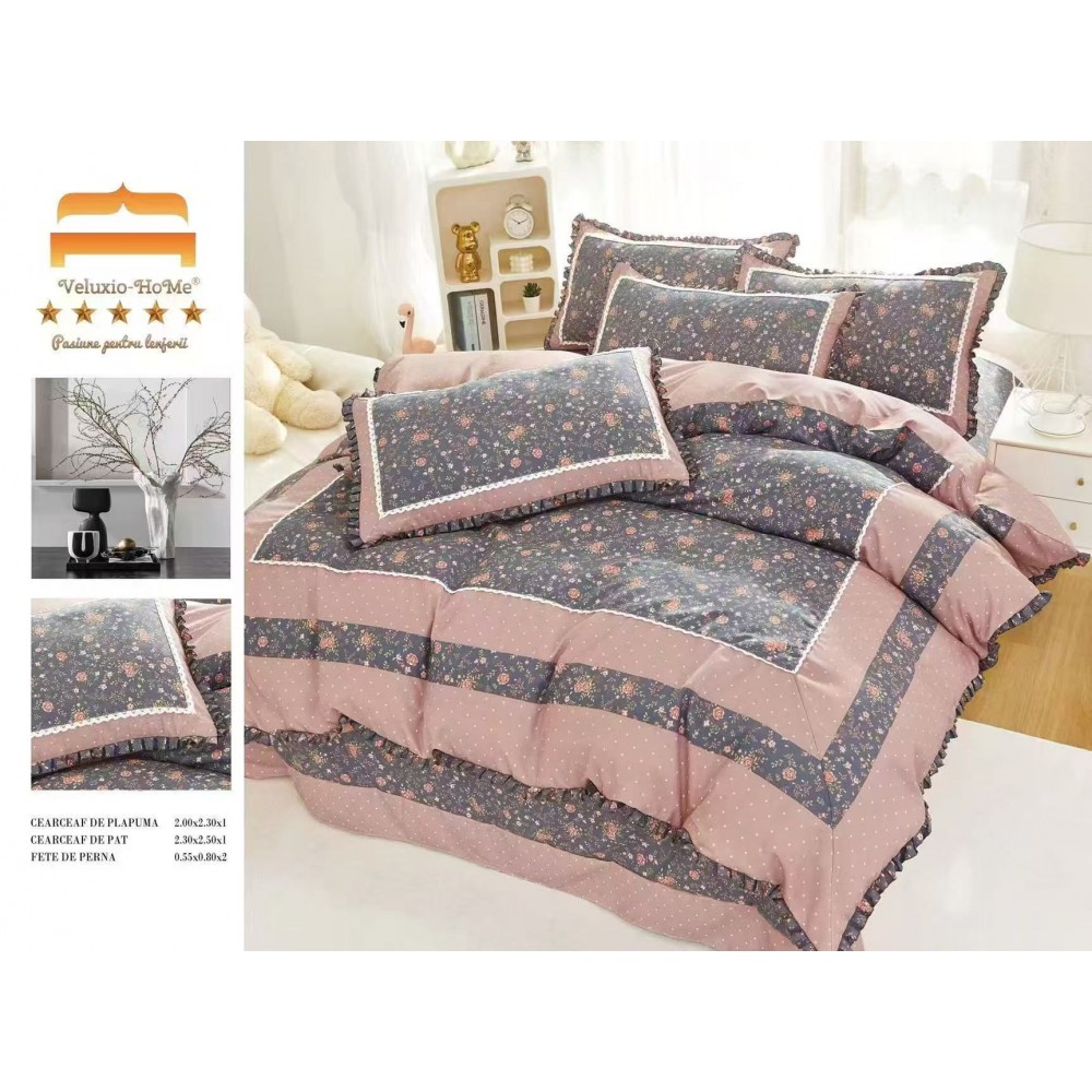 Lenjerie de pat 4 piese dublu Deluxe din Bumbac Soft Touch cu Volanase, VOL38 LENJERII DIN FINET 4 PIESE CU VOLANE
