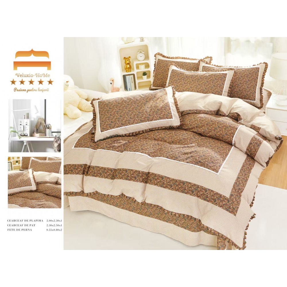 Lenjerie de pat 4 piese dublu Deluxe din Bumbac Soft Touch cu Volanase, VOL39 LENJERII DIN FINET 4 PIESE CU VOLANE