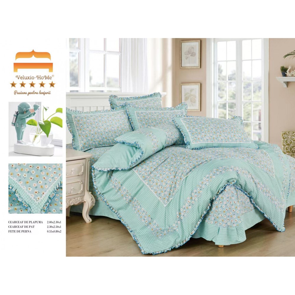 Lenjerie de pat 4 piese dublu Deluxe din Bumbac Soft Touch cu Volanase, VOL40 LENJERII DIN FINET 4 PIESE CU VOLANE