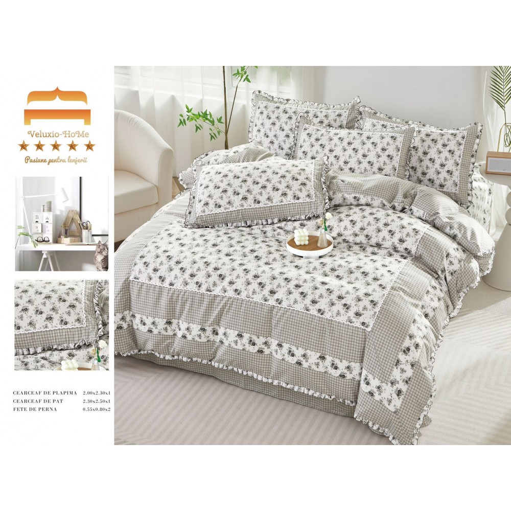 Lenjerie de pat 4 piese dublu Deluxe din Bumbac Soft Touch cu Volanase, VOL41 LENJERII DIN FINET 4 PIESE CU VOLANE