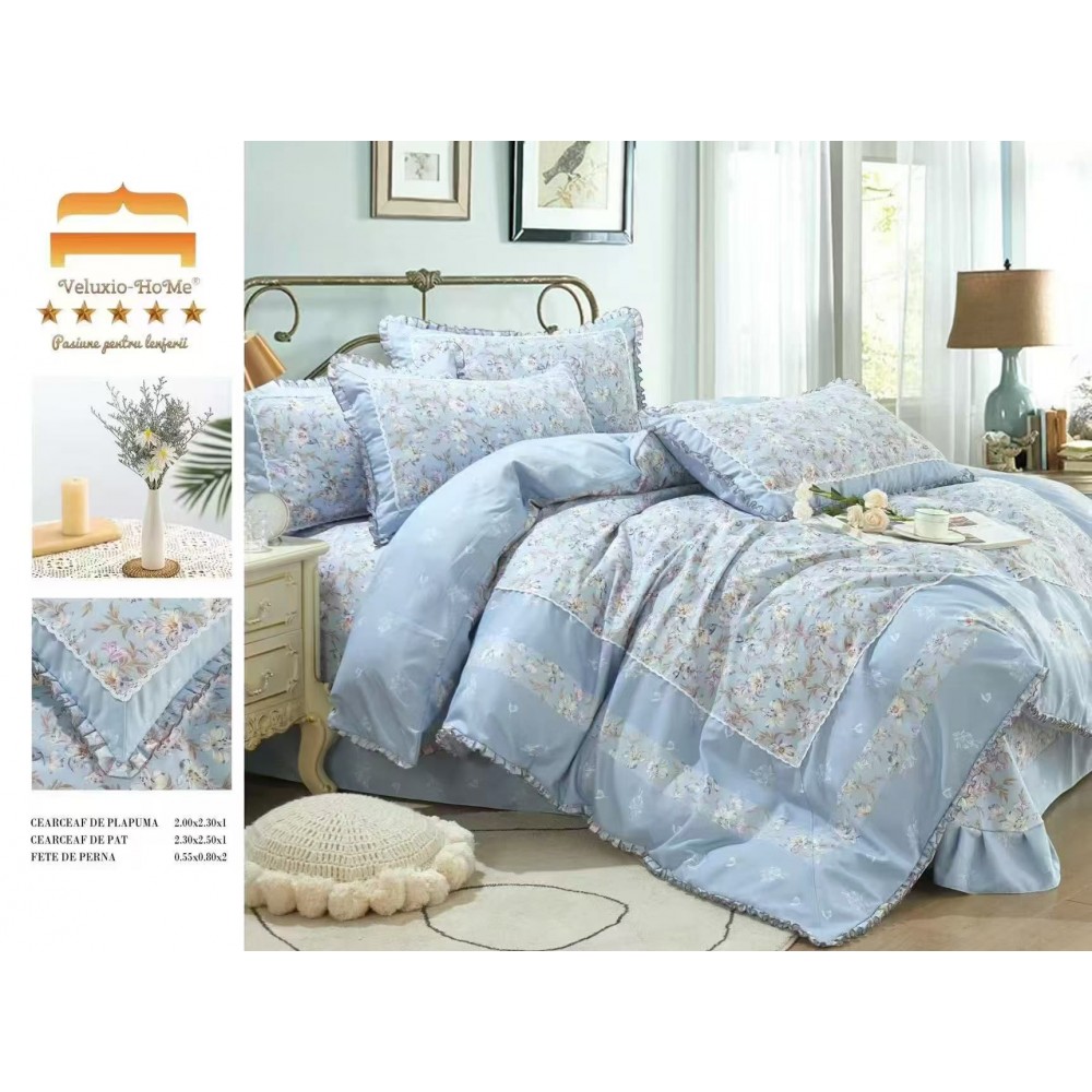 Lenjerie de pat 4 piese dublu Deluxe din Bumbac Soft Touch cu Volanase, VOL42 LENJERII DIN FINET 4 PIESE CU VOLANE