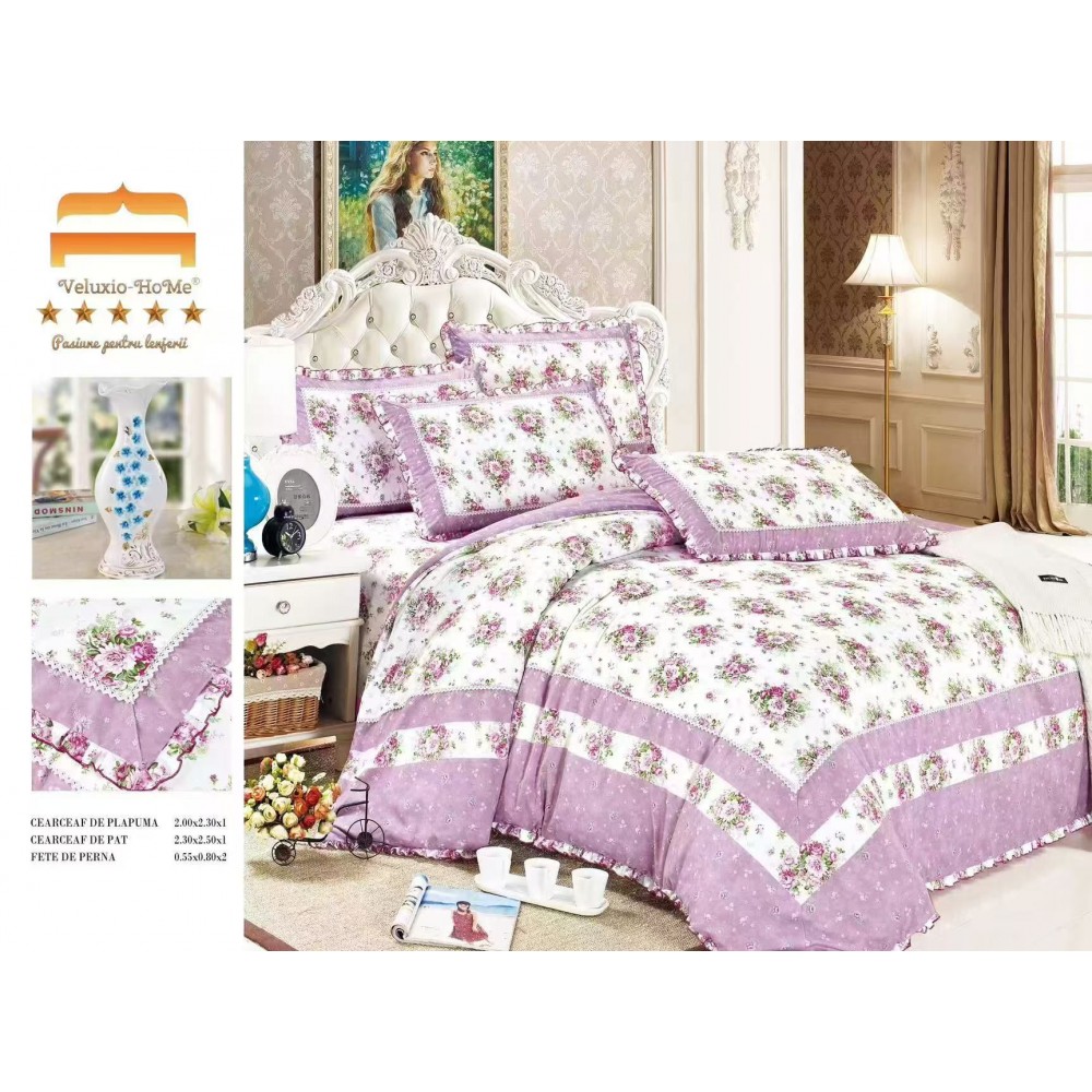 Lenjerie de pat 4 piese dublu Deluxe din Bumbac Soft Touch cu Volanase, VOL43 LENJERII DIN FINET 4 PIESE CU VOLANE