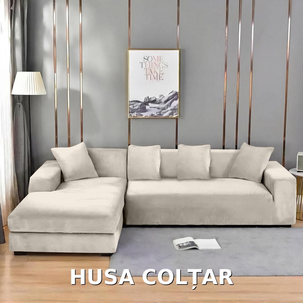 Husa de Coltar din Catifea HCM5 bej deschis, cu tentă crem-ivory (ușor spre greige – bej cu tonuri de gri). HUSE ELASTICE CATIFEA FOTOLII,CANAPELE SI COLTARE