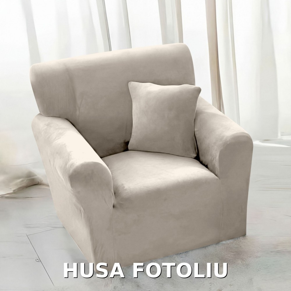 Husa de FOTOLIU din Catifea 1 Loc , HCJM1L5 bej deschis, cu tentă crem-ivory (ușor spre greige – bej cu tonuri de gri). HUSE ELASTICE CATIFEA FOTOLII,CANAPELE SI COLTARE