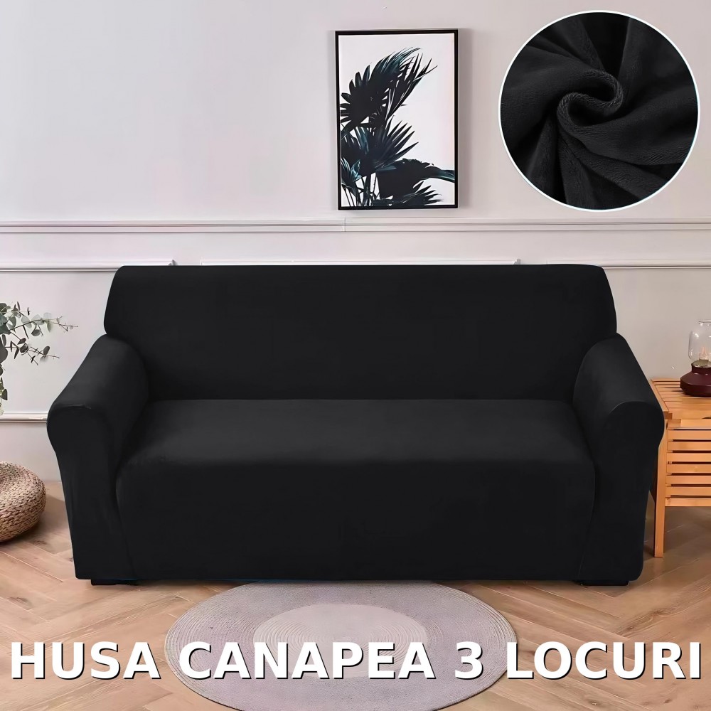 Husa de Canapea din Catifea 3 Locuri , HCM3L3 NEGRU HUSE ELASTICE CATIFEA FOTOLII,CANAPELE SI COLTARE