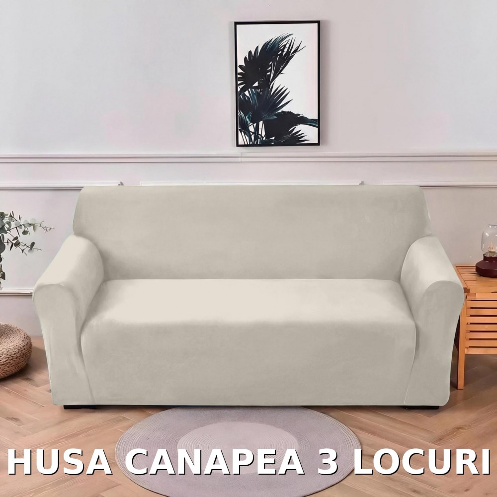 Husa de Canapea din Catifea 3 Locuri , HCM3L5 bej deschis, cu tentă crem-ivory (ușor spre greige – bej cu tonuri de gri). HUSE ELASTICE CATIFEA FOTOLII,CANAPELE SI COLTARE