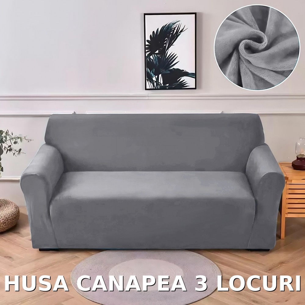 Husa de Canapea din Catifea 3 Locuri , HCM3L6 GRI DESCHIS. HUSE ELASTICE CATIFEA FOTOLII,CANAPELE SI COLTARE