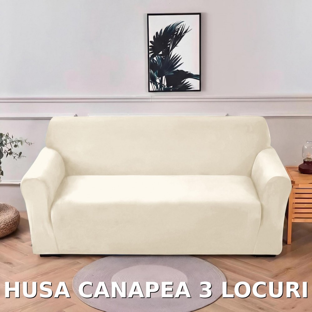 Husa de Canapea din Catifea 3 Locuri , HCM3L7 IVOIRE HUSE ELASTICE CATIFEA FOTOLII,CANAPELE SI COLTARE