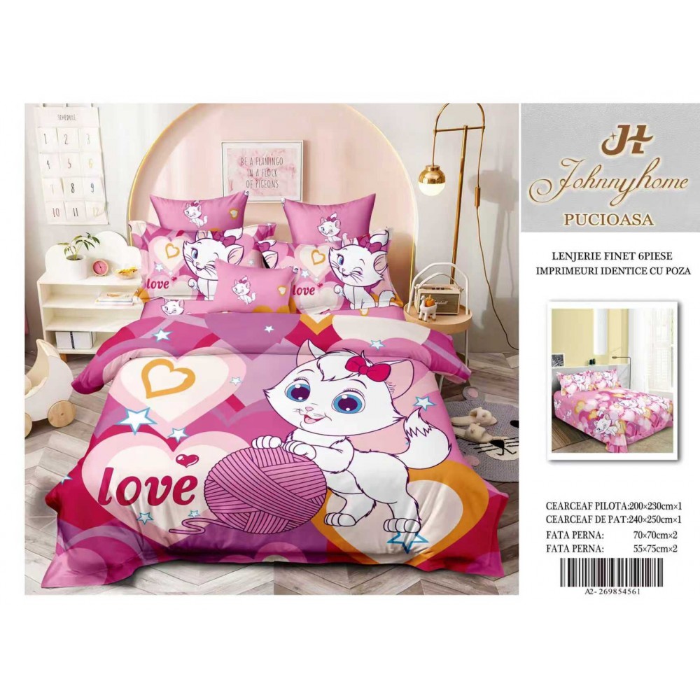 Lenjerie de pat Finet 6 piese – Model Pisicuță Love (copii) 3D LFM3D7 Lenjerii din finet 6 piese