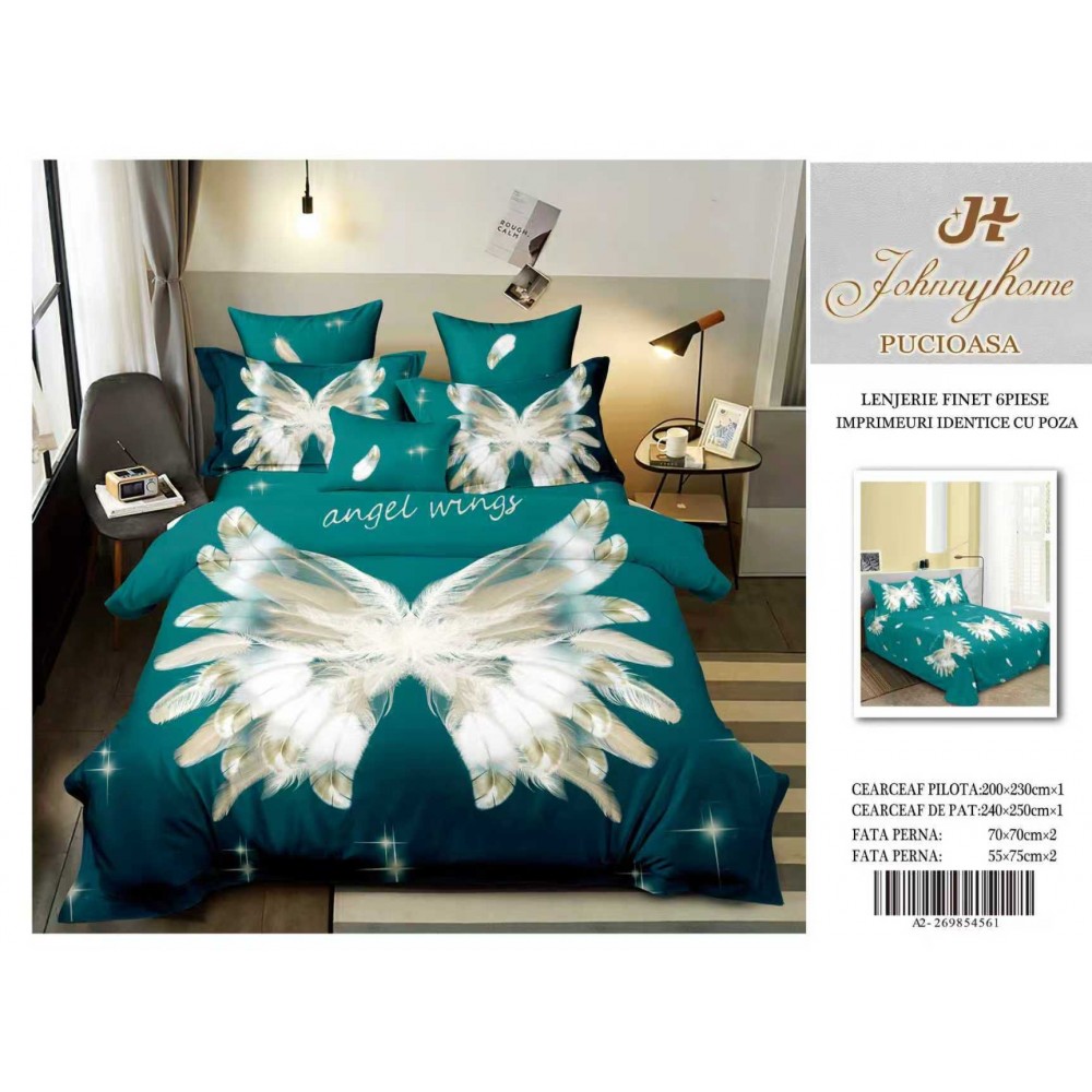 Lenjerie de pat Finet 6 piese – Model Angel Wings (Aripi de înger) 3D LFM3D8 Lenjerii din finet 6 piese