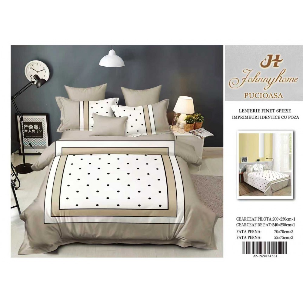 Lenjerie de pat Finet 6 piese – Model Elegant Beige Polka 3D LFM3D9 Lenjerii din finet 6 piese