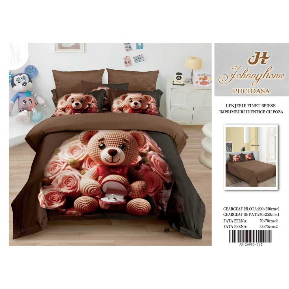 Lenjerie de pat Finet 6 piese – Model CU Ursuleț cu trandafiri 3D LFM3D11 Lenjerii din finet 6 piese