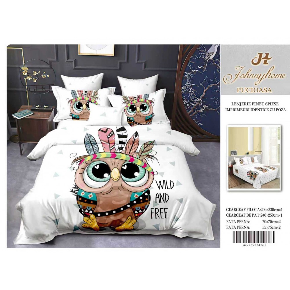Lenjerie de pat Finet 6 piese – Model CU Model Bufniță „Wild & Free” 3D LFM3D13 Lenjerii din finet 6 piese