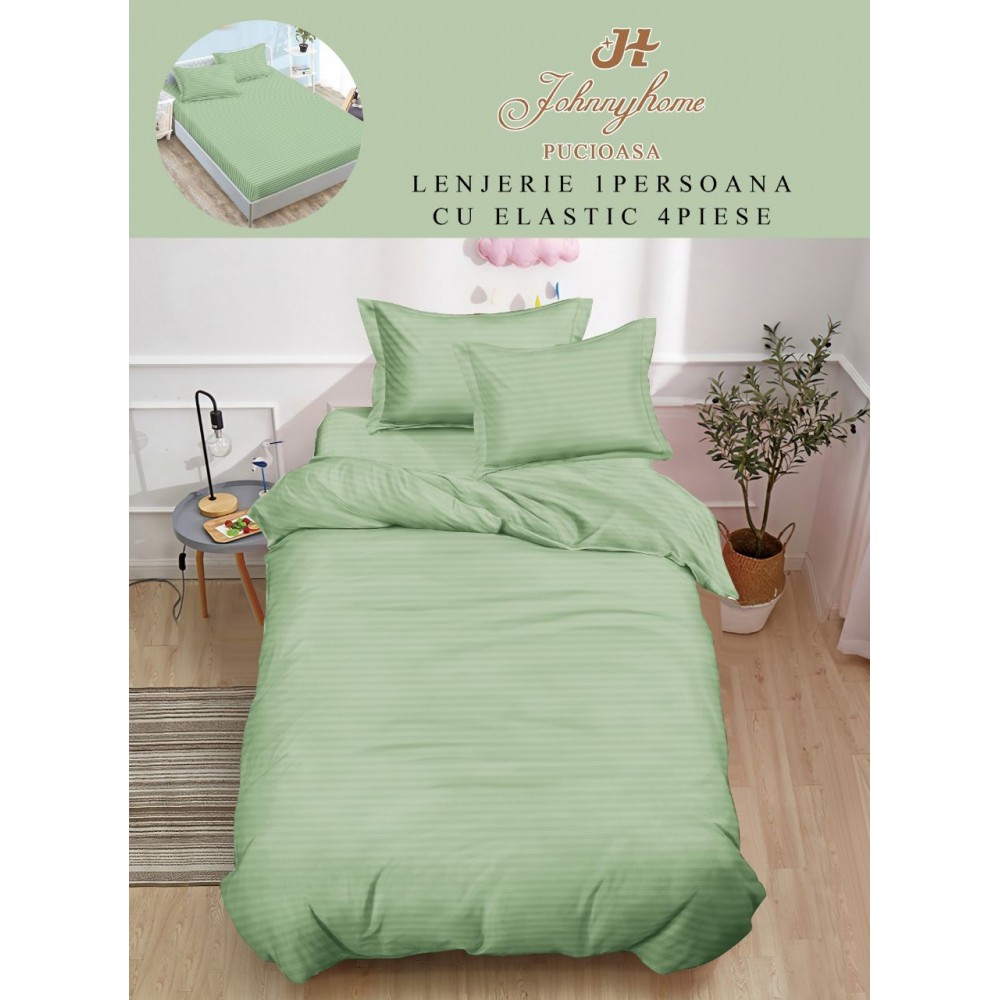 Lenjerie de pat, 1 persoana, tip Damasc, 4 piese, Cearceaf cu Elastic 140x200cm, LD1PM2 LENJERII DIN DAMASC 4 PIESE 1 PERSOANA