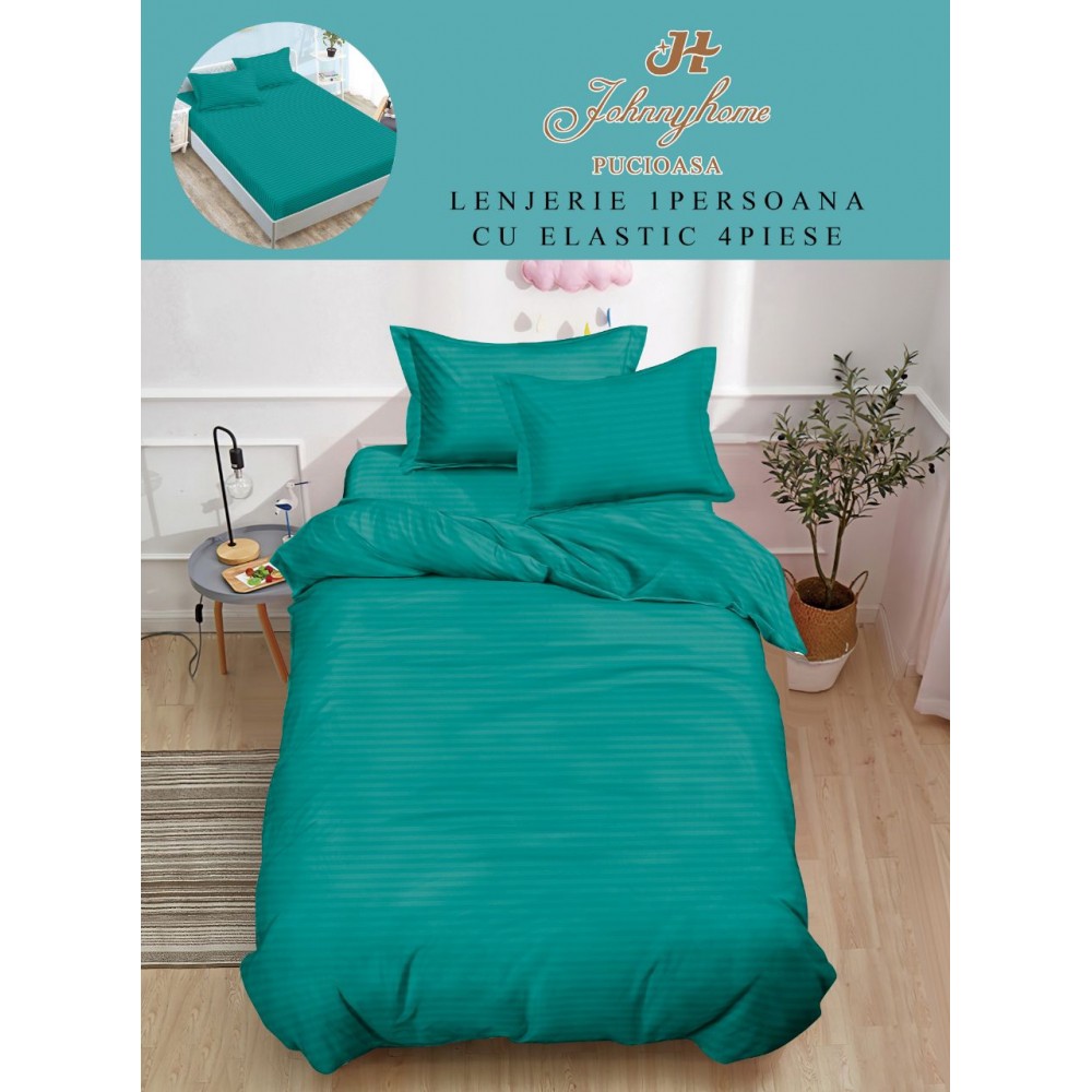 Lenjerie de pat, 1 persoana, tip Damasc, 4 piese, Cearceaf cu Elastic 140x200cm, LD1PM9 LENJERII DIN DAMASC 4 PIESE 1 PERSOANA